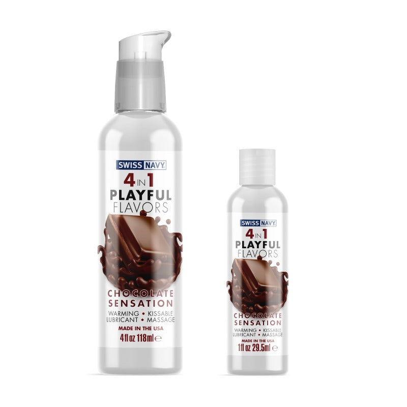 Swiss Navy 4in1 Chocolate Sensation lubricant bottle with a rich chocolate flavor, designed for enhancing intimacy and pleasure.