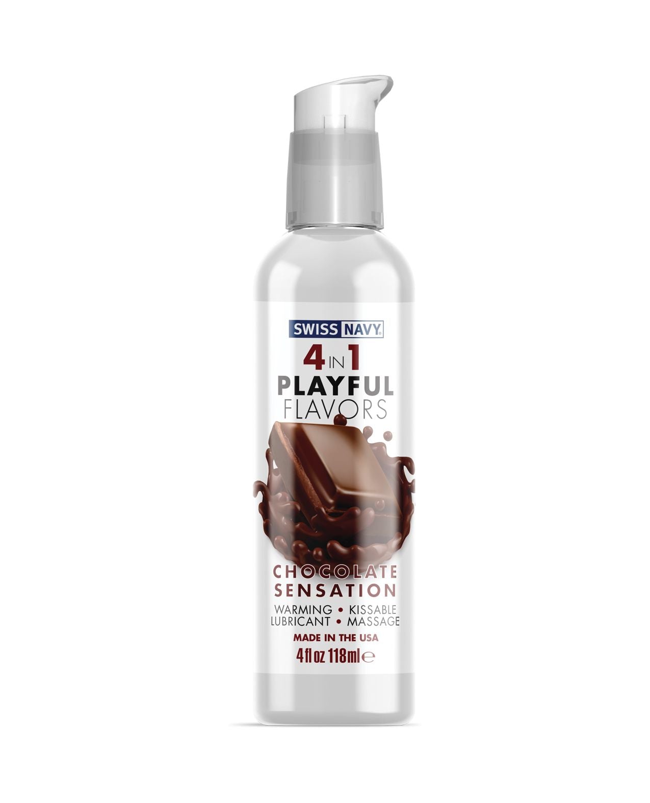 Swiss Navy 4in1 Chocolate Sensation lubricant bottle with a rich chocolate flavor, designed for enhancing intimacy and pleasure.