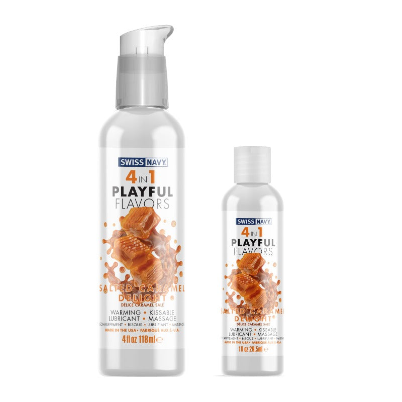 Swiss Navy 4-in-1 Salted Caramel Delight lubricant bottle with a tempting caramel flavor design.