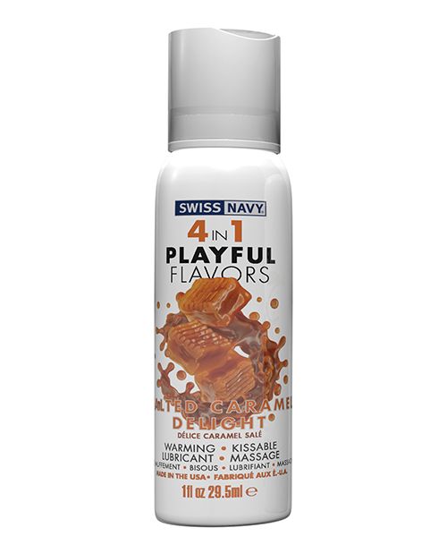 Swiss Navy 4-in-1 Salted Caramel Delight lubricant bottle with a tempting caramel flavor design.