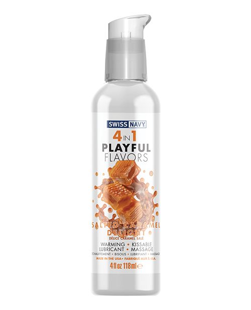 Swiss Navy 4-in-1 Salted Caramel Delight lubricant bottle with a tempting caramel flavor design.