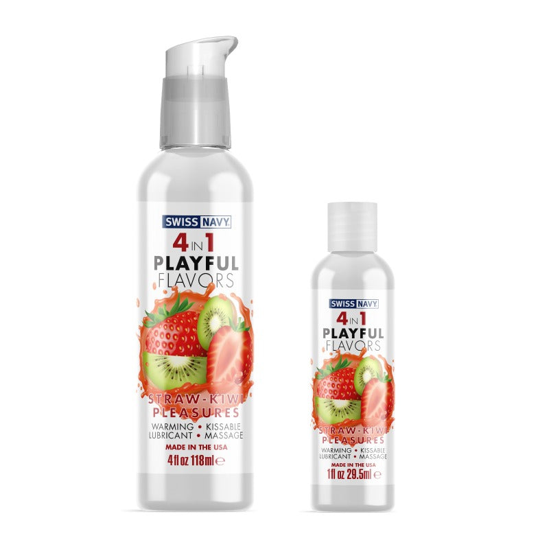 Swiss Navy 4in1 Straw-Kiwi Pleasures intimate lubricant bottle with vibrant strawberry and kiwi design.