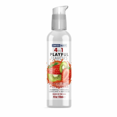 Swiss Navy 4in1 Straw-Kiwi Pleasures intimate lubricant bottle with vibrant strawberry and kiwi design.