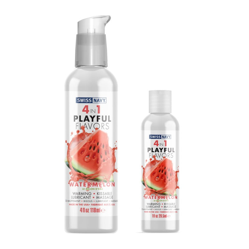 Swiss Navy 4-in-1 Watermelon flavored lubricant bottle with a vibrant watermelon design.