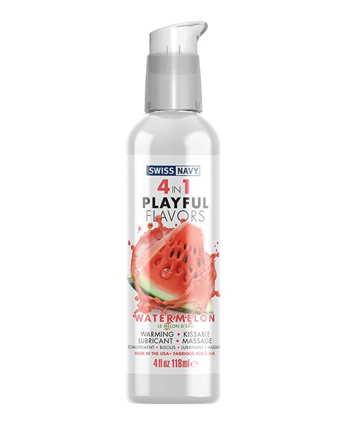 Swiss Navy 4-in-1 Watermelon flavored lubricant bottle with a vibrant watermelon design.