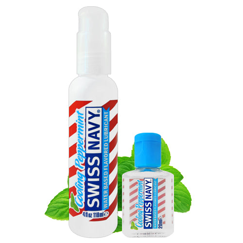 Swiss Navy Cooling Peppermint water-based lubricant bottle with minty flavor, designed for oral sex and safe for silicone toys.