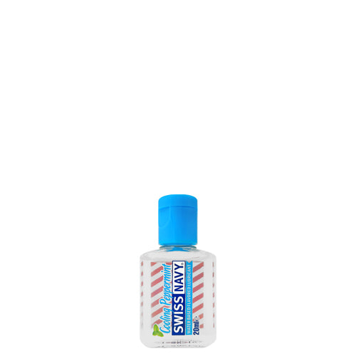 Swiss Navy Cooling Peppermint water-based lubricant bottle with minty flavor, designed for oral sex and safe for silicone toys.