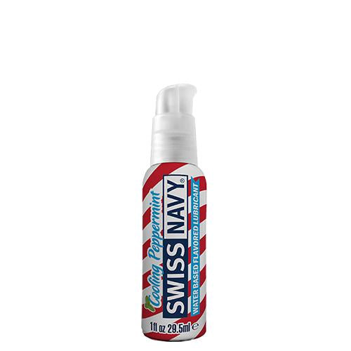 Swiss Navy Cooling Peppermint water-based lubricant bottle with minty flavor, designed for oral sex and safe for silicone toys.