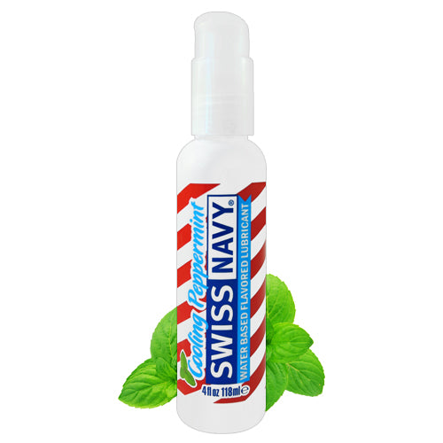 Swiss Navy Cooling Peppermint water-based lubricant bottle with minty flavor, designed for oral sex and safe for silicone toys.