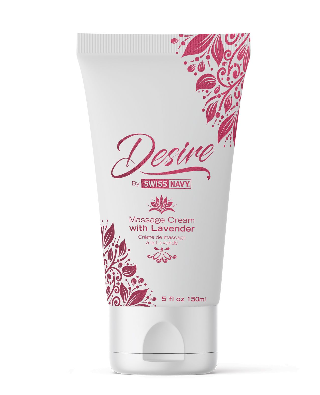 Swiss Navy Desire Massage Cream Lavender in a sleek container, showcasing its rich texture and lavender color, perfect for intimate massages.