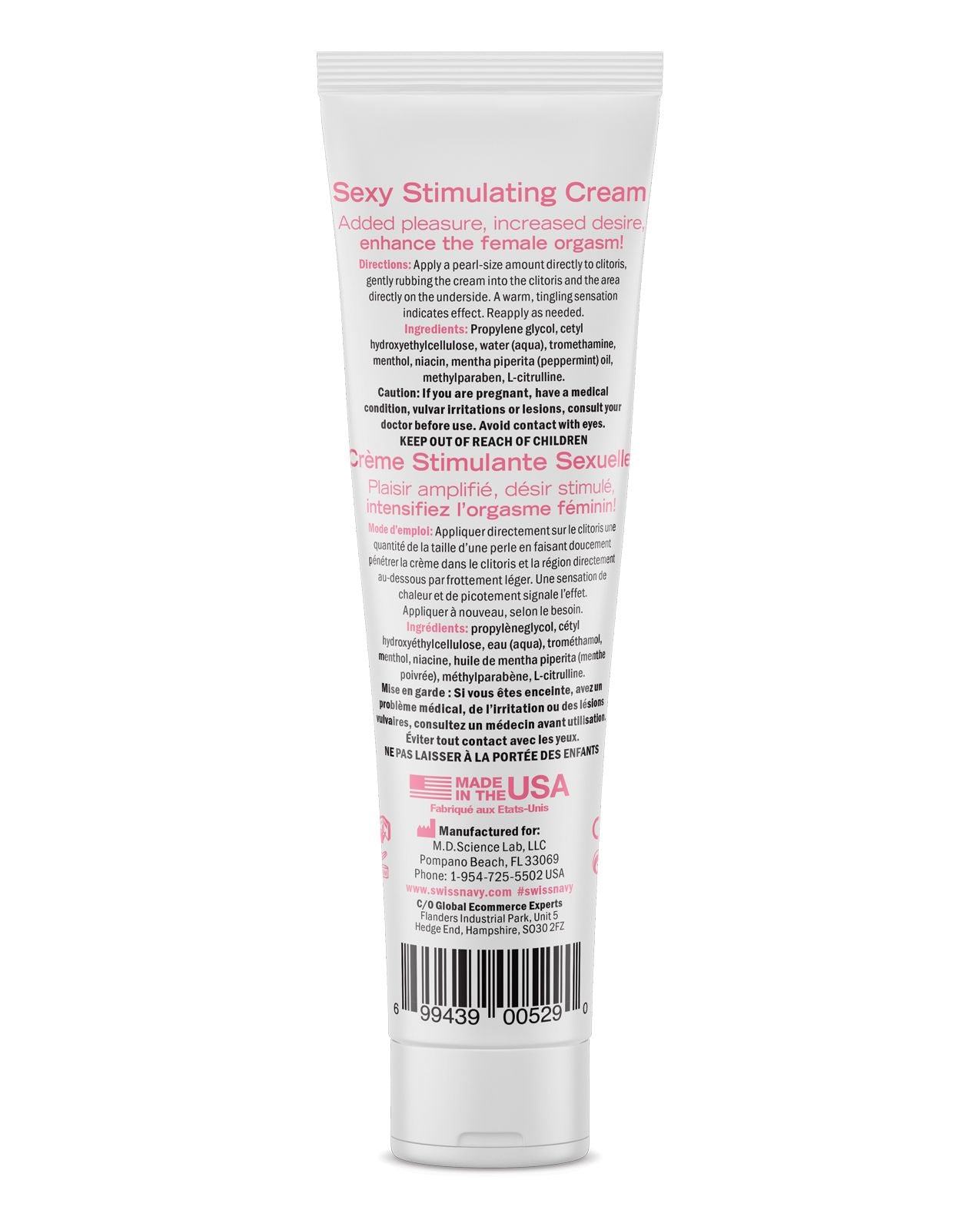 Swiss Navy Desire Sexy Stimulating Cream in a sleek tube, designed for enhancing sensuality and excitement for women.