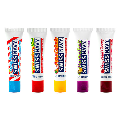 Swiss Navy Flavored Lube Sampler Tubes featuring five different flavors in colorful packaging, ideal for enhancing intimate moments.