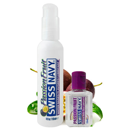 Swiss Navy Passion Fruit water-based lubricant bottle with tropical design, showcasing its flavor and features.