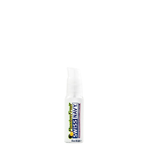 Swiss Navy Passion Fruit water-based lubricant bottle with tropical design, showcasing its flavor and features.