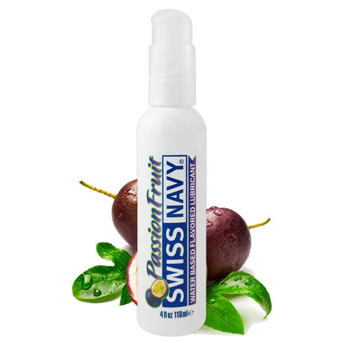 Swiss Navy Passion Fruit water-based lubricant bottle with tropical design, showcasing its flavor and features.