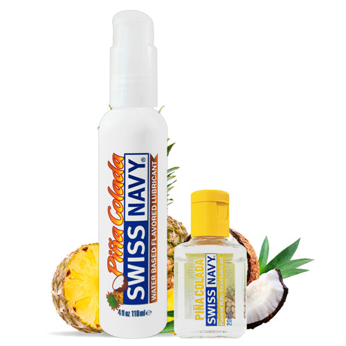 Swiss Navy Pina Colada water-based lubricant bottle with tropical design.