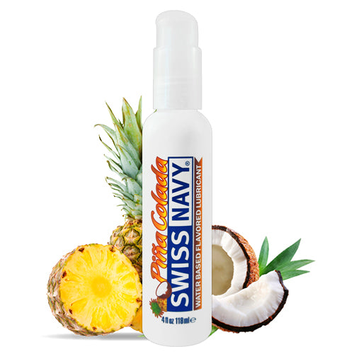 Swiss Navy Pina Colada water-based lubricant bottle with tropical design.