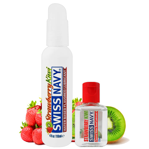 Bottle of Swiss Navy Strawberry & Kiwi water-based lubricant with a fruity design, showcasing its sweet flavor and sugar-free formula.