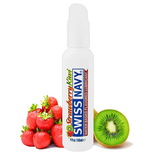 Bottle of Swiss Navy Strawberry & Kiwi water-based lubricant with a fruity design, showcasing its sweet flavor and sugar-free formula.