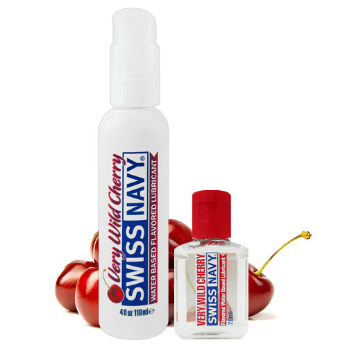 Swiss Navy Very Wild Cherry water-based lubricant bottle with a vibrant cherry design, showcasing its sweet flavor and sugar-free formula.