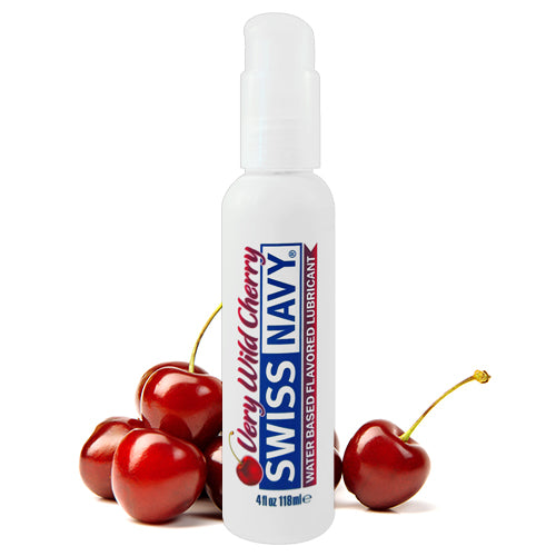 Swiss Navy Very Wild Cherry water-based lubricant bottle with a vibrant cherry design, showcasing its sweet flavor and sugar-free formula.