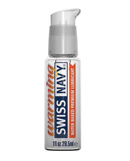 Swiss Navy Warming Water-Based lubricant in an ergonomic bottle with a locking pump for easy application.