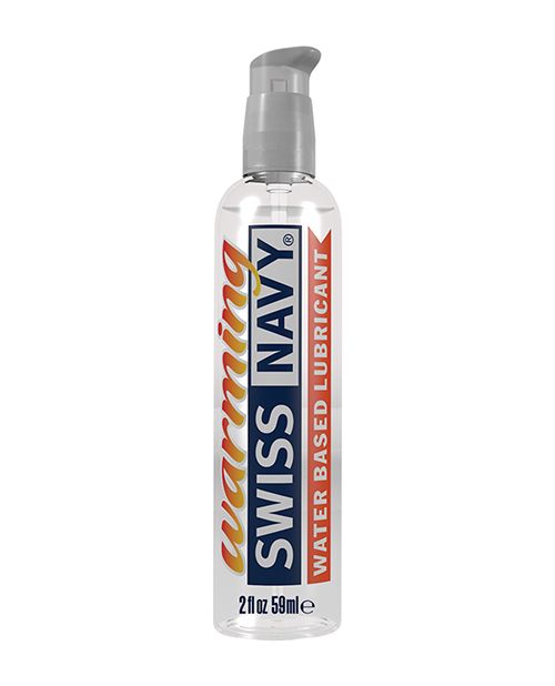 Swiss Navy Warming Water-Based lubricant in an ergonomic bottle with a locking pump for easy application.