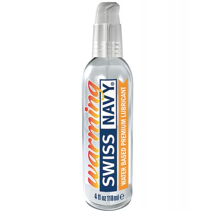 Swiss Navy Warming Water-Based lubricant in an ergonomic bottle with a locking pump for easy application.