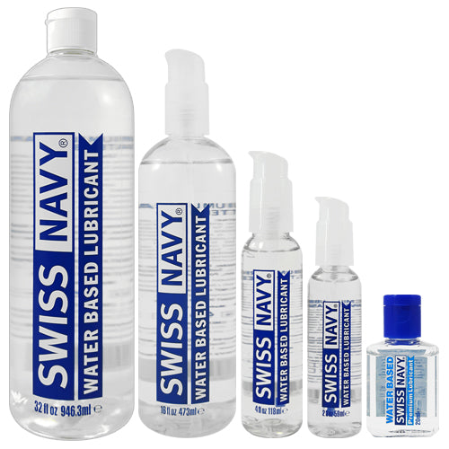 Swiss Navy Water-Based lubricant in an ergonomic bottle with a locking pump for easy application.