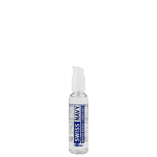 Swiss Navy Water-Based lubricant in an ergonomic bottle with a locking pump for easy application.