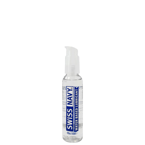 Swiss Navy Water-Based lubricant in an ergonomic bottle with a locking pump for easy application.