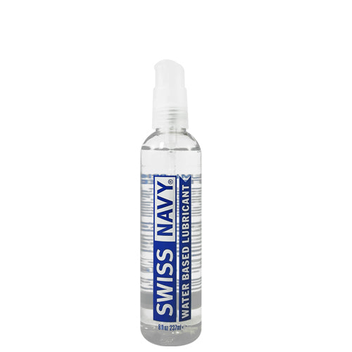 Swiss Navy Water-Based lubricant in an ergonomic bottle with a locking pump for easy application.