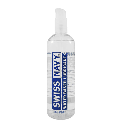 Swiss Navy Water-Based lubricant in an ergonomic bottle with a locking pump for easy application.