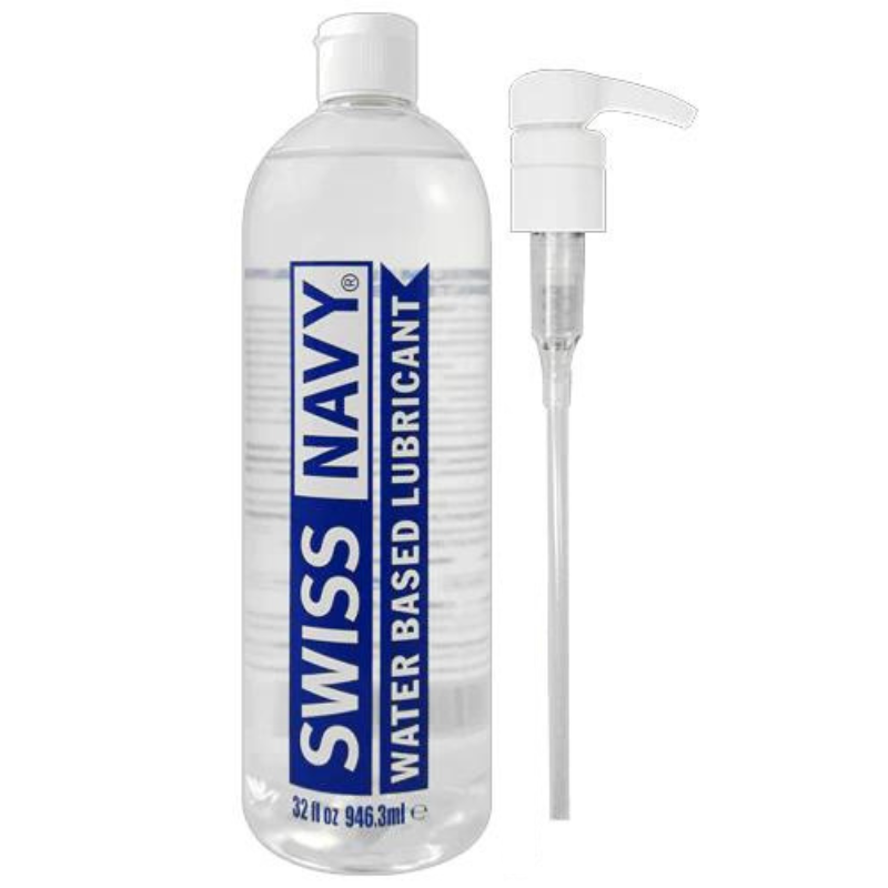 Swiss Navy Water-Based lubricant in an ergonomic bottle with a locking pump for easy application.