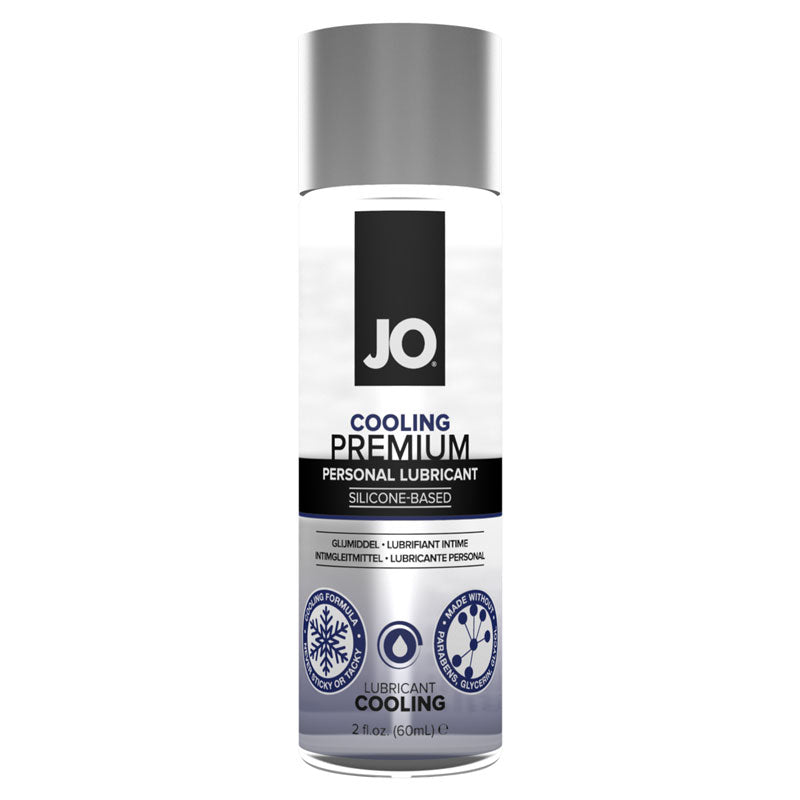 System JO Cooling Premium 60 ml lubricant bottle with a sleek design, showcasing its silicone-based formula for enhanced pleasure.