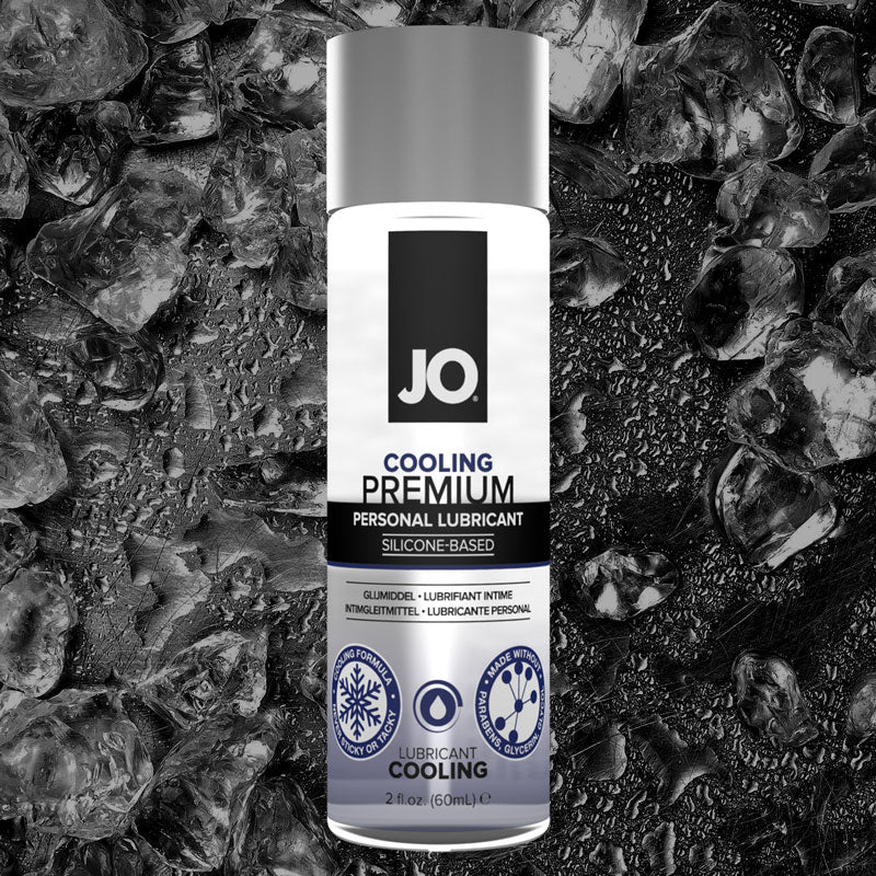 System JO Cooling Premium 60 ml lubricant bottle with a sleek design, showcasing its silicone-based formula for enhanced pleasure.