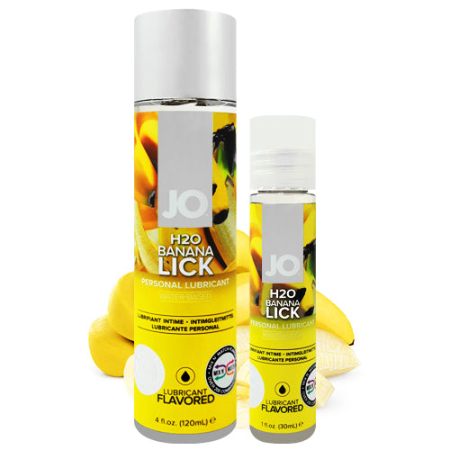 System JO H2O Banana Lick water-based lubricant bottle with banana flavor, designed for enhancing intimacy and pleasure.