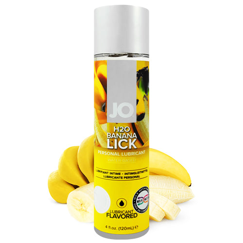 System JO H2O Banana Lick water-based lubricant bottle with banana flavor, designed for enhancing intimacy and pleasure.