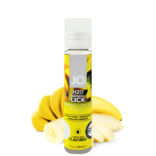 System JO H2O Banana Lick water-based lubricant bottle with banana flavor, designed for enhancing intimacy and pleasure.