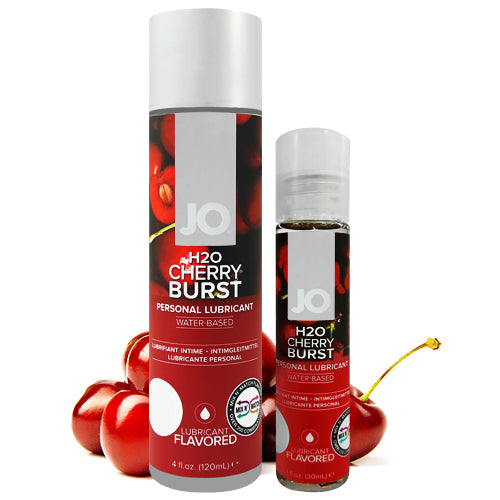 System JO H2O Cherry Burst lubricant bottle with cherry flavor, showcasing its clear, non-greasy formula.