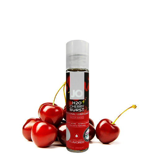 System JO H2O Cherry Burst lubricant bottle with cherry flavor, showcasing its clear, non-greasy formula.