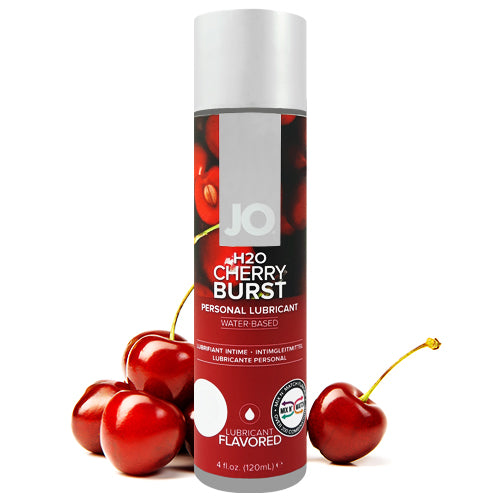 System JO H2O Cherry Burst lubricant bottle with cherry flavor, showcasing its clear, non-greasy formula.