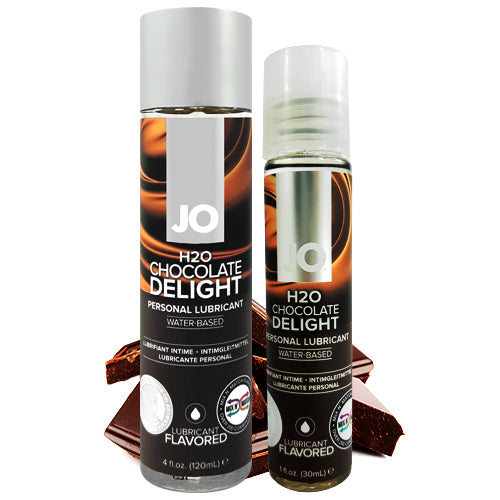 System JO H2O Chocolate Delight water-based lubricant bottle with a chocolate flavor, designed for enhancing intimacy and pleasure.