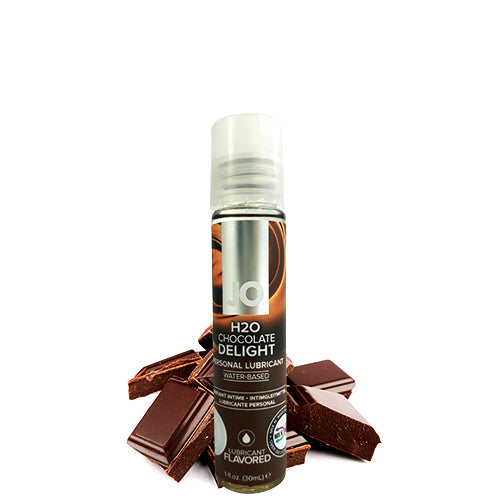 System JO H2O Chocolate Delight water-based lubricant bottle with a chocolate flavor, designed for enhancing intimacy and pleasure.