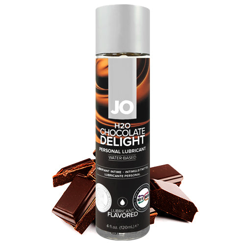 System JO H2O Chocolate Delight water-based lubricant bottle with a chocolate flavor, designed for enhancing intimacy and pleasure.