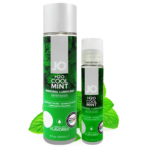 System JO H2O Cool Mint lubricant bottle with mint leaves, showcasing its refreshing flavor and water-based formula.