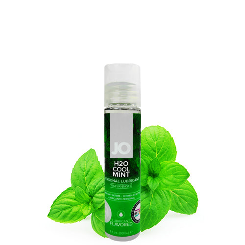 System JO H2O Cool Mint lubricant bottle with mint leaves, showcasing its refreshing flavor and water-based formula.