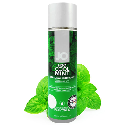 System JO H2O Cool Mint lubricant bottle with mint leaves, showcasing its refreshing flavor and water-based formula.