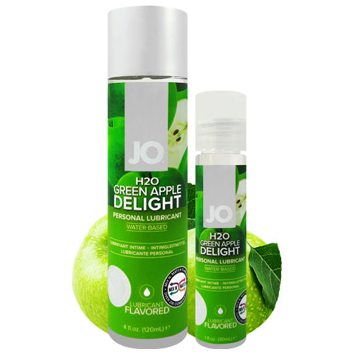 System JO H2O Green Apple lubricant bottle with a vibrant green apple design, showcasing its water-based and flavored formula.