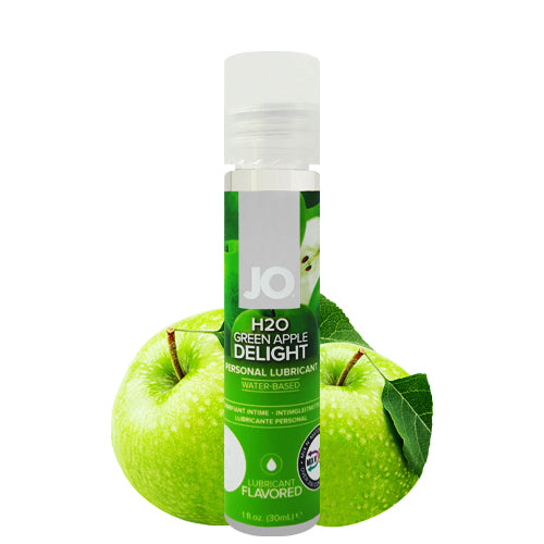 System JO H2O Green Apple lubricant bottle with a vibrant green apple design, showcasing its water-based and flavored formula.